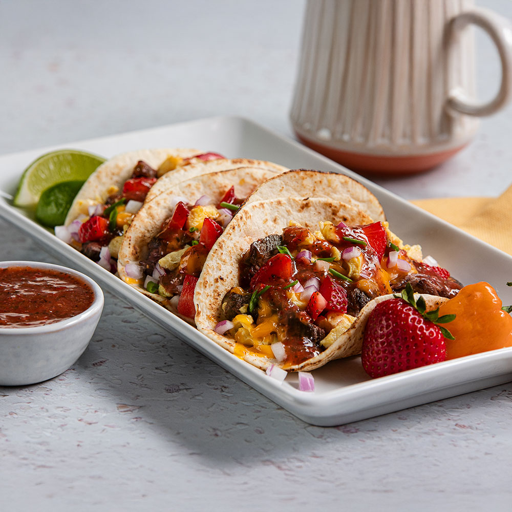 Breakfast Tacos with Skirt Steak, Fluffy Eggs & Strawberry Habanero Sauce