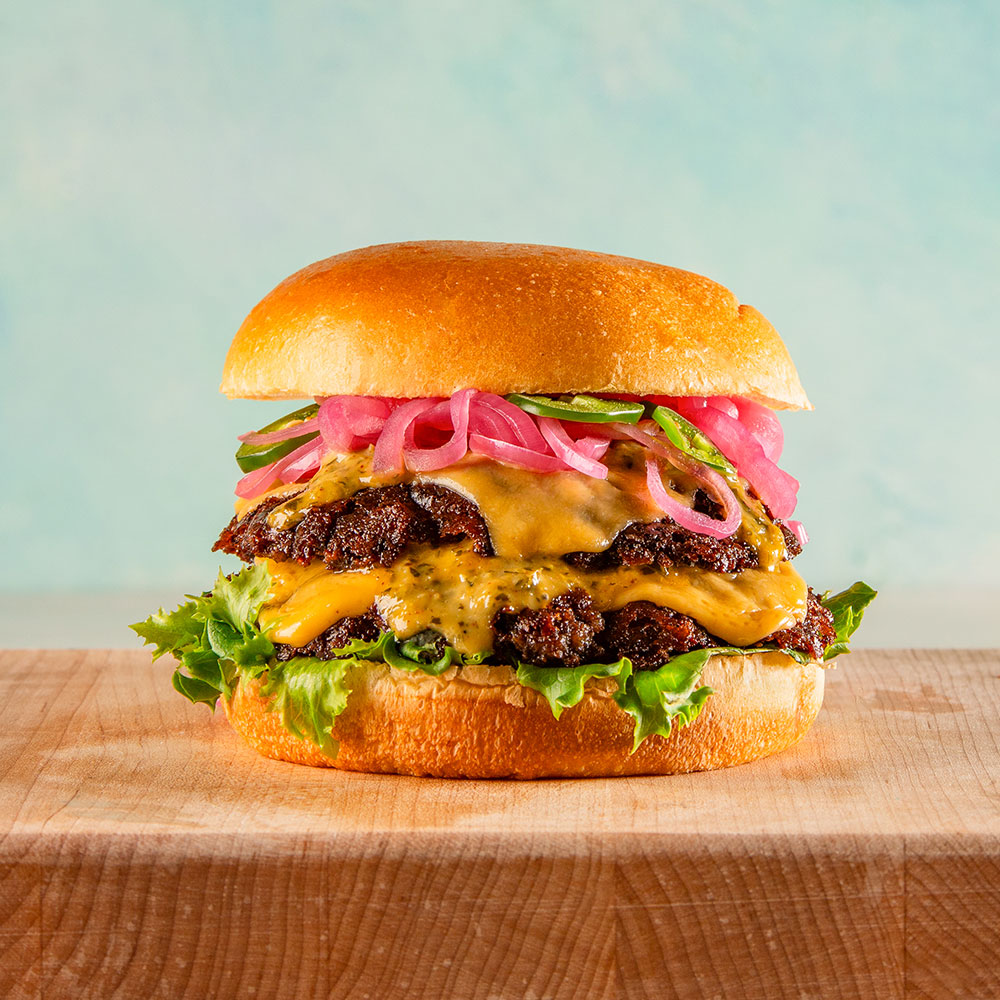 Double Smash Burger with Habanero Cheddar, Bacon, Fried Egg & Fire Chimichurri