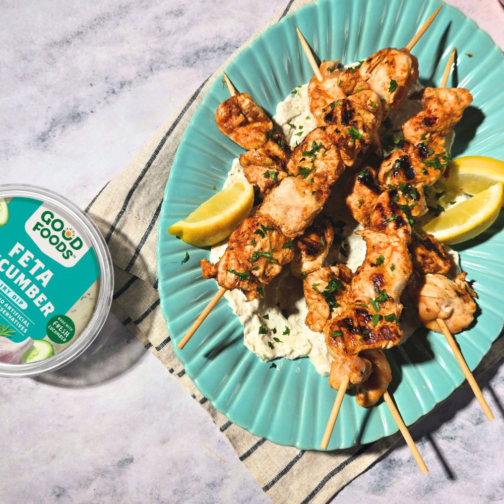 Grilled Hot Honey Chicken Skewers with Feta Cucumber Dip