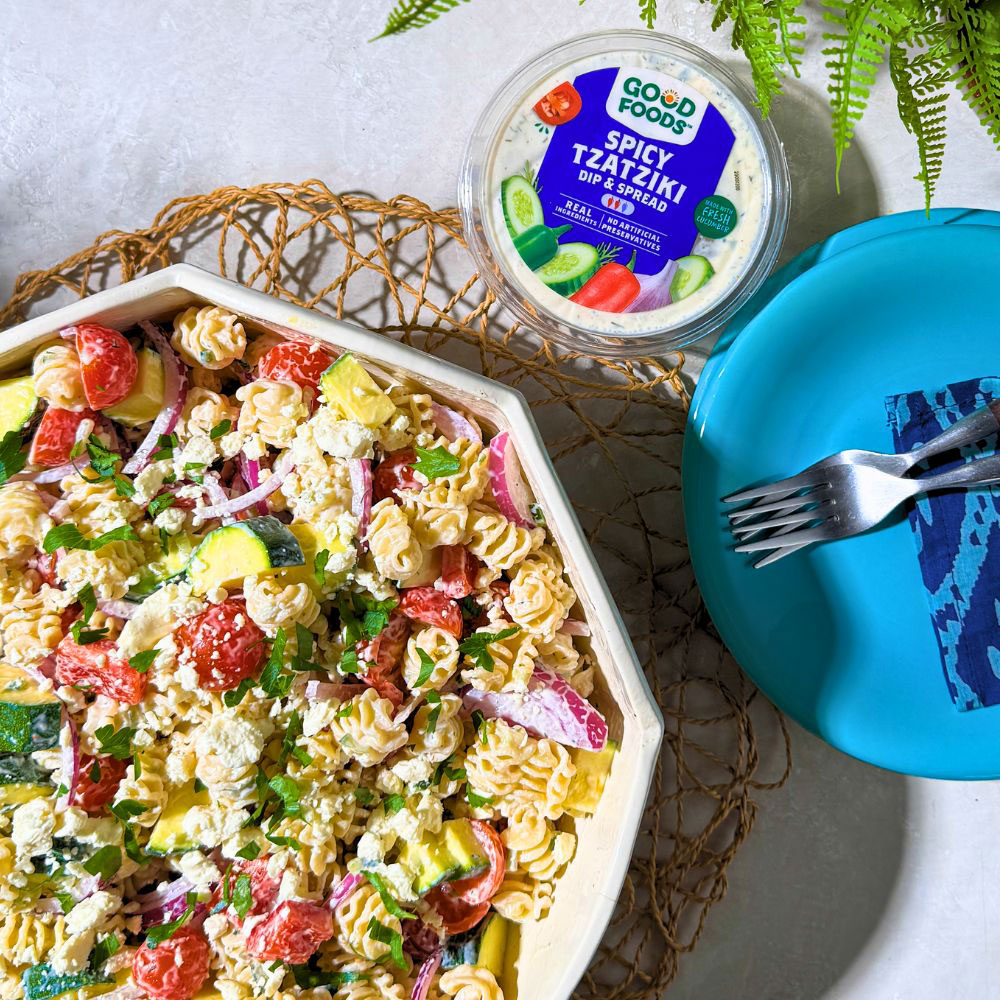 Spicy Tzatziki Mediterranean Pasta Salad with Tzatziki